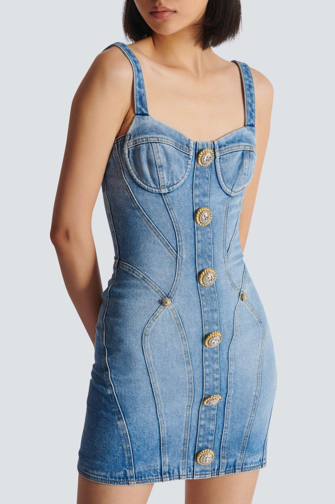 Shop  beautiful dress - Perfect for special occasions | Ogana Gold Buttoned Denim Mini Dress