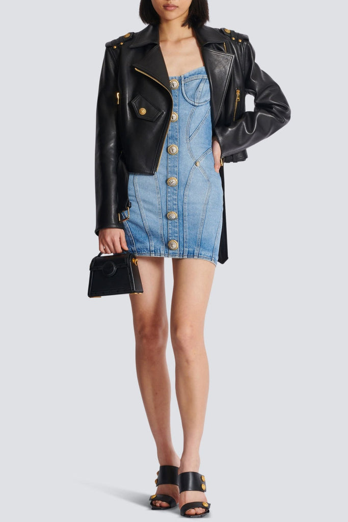 Ogana Gold Buttoned Denim Mini Dress - Stylish beautiful dress for special occasions | Buy Online