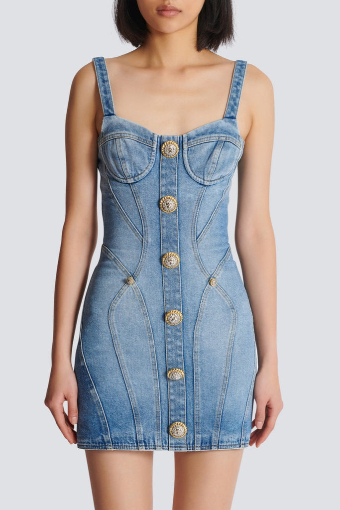 Ogana Gold Buttoned Denim Mini Dress - Stylish beautiful dress for special occasions | Buy Online