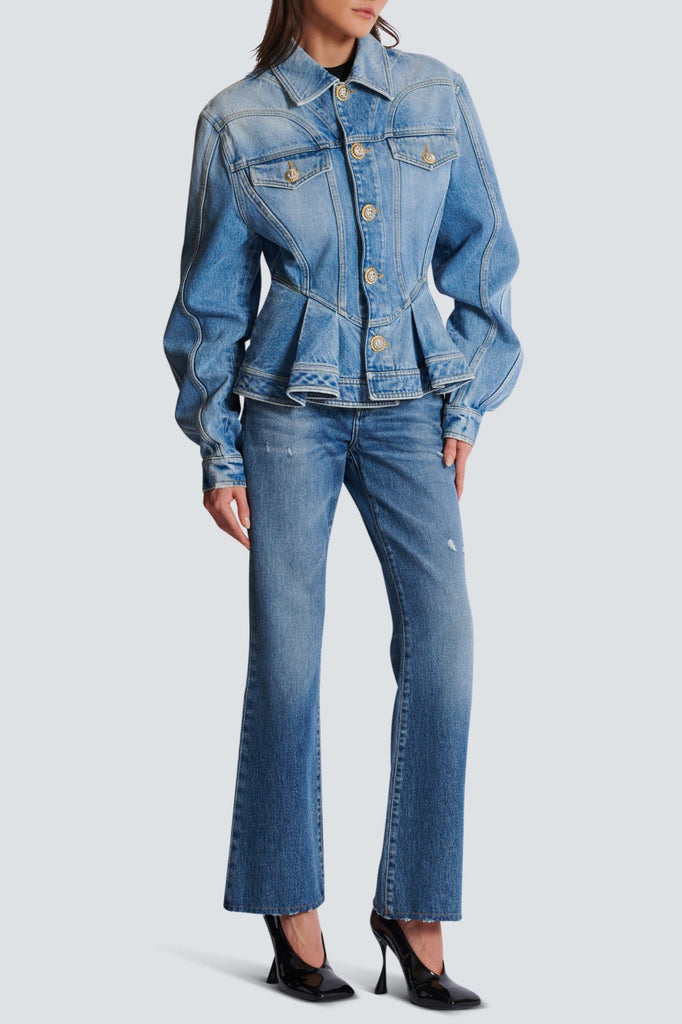 Ogana Gold Buttoned Pleated Denim Jacket - Stylish beautiful dress for special occasions | Buy Online
