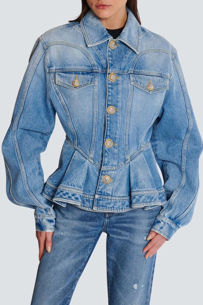 Ogana Gold Buttoned Pleated Denim Jacket - Stylish beautiful dress for special occasions | Buy Online