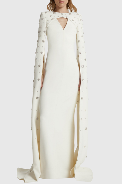 Oslo Crystal Embellished Heart Cutout Cape Sleeve Maxi Dress - White