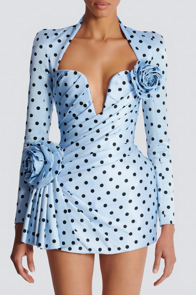 Ostelle Polka Dots Satin Mini Dress - Blue - Stylish blue dress for special occasions | Buy Online
