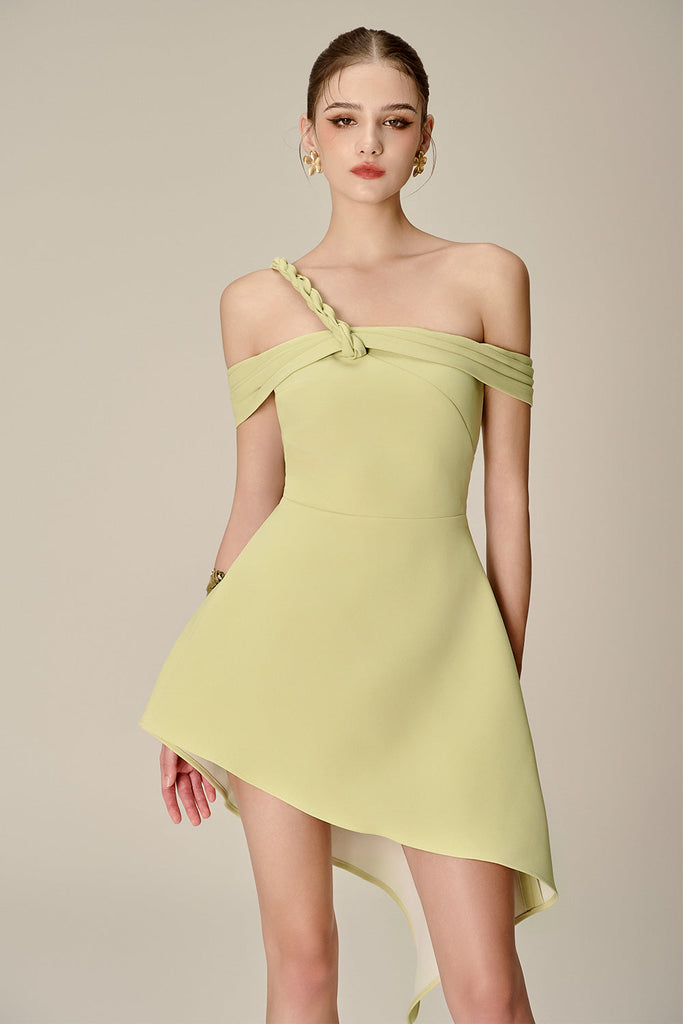 anila Asymmetric Off-Shoulder Mini Dress in Nuggets Green - Stylish green dress for special occasions | Buy Online