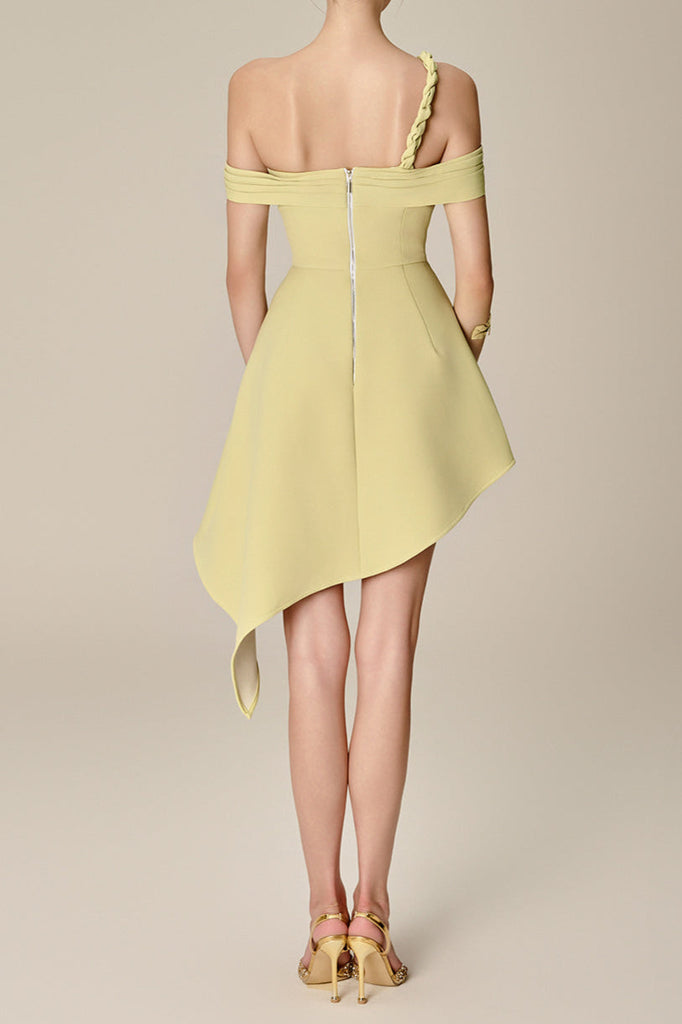 Shop  green dress - Perfect for special occasions | anila Asymmetric Off-Shoulder Mini Dress in Nuggets Green