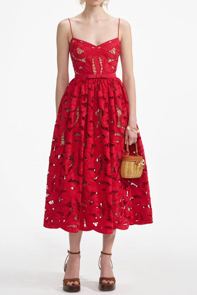 Stylish red dress | wendy Red Bow Embroidered Midi Dress - Ideal for special occasions