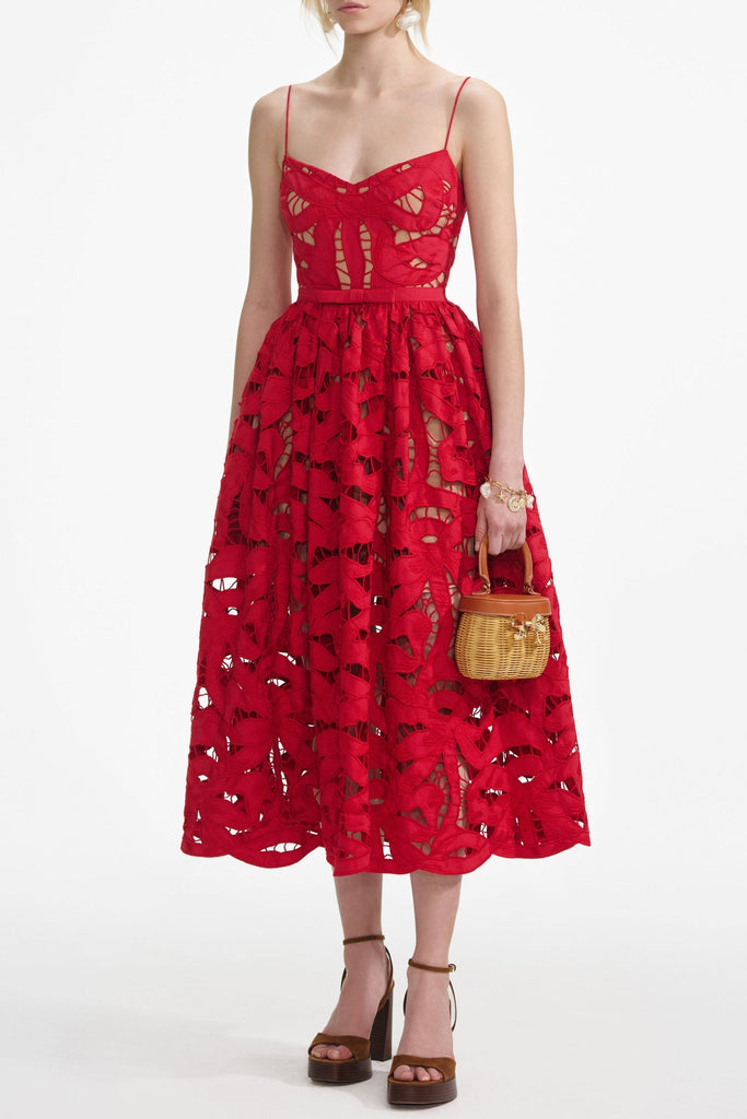 wendy Red Bow Embroidered Midi Dress - Stylish red dress for special occasions | Buy Online
