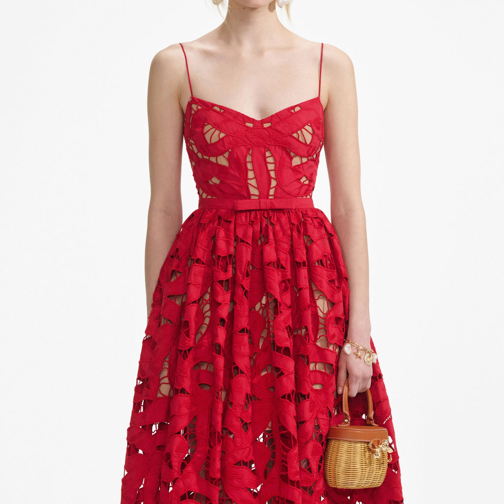 wendy Red Bow Embroidered Midi Dress - Stylish red dress for special occasions | Buy Online