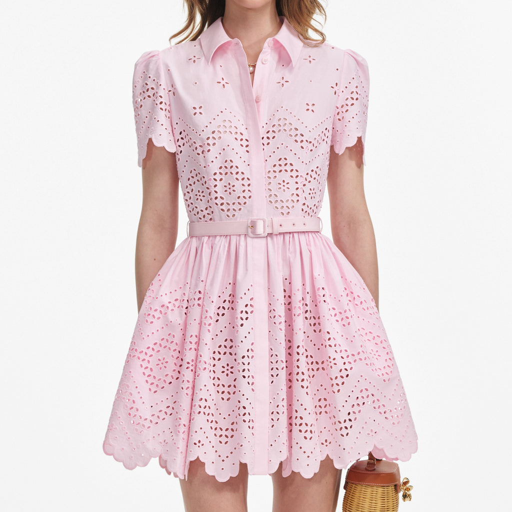 Stylish pink dress | cheryl Pink Cotton Broderie Mini Dress - Ideal for special occasions