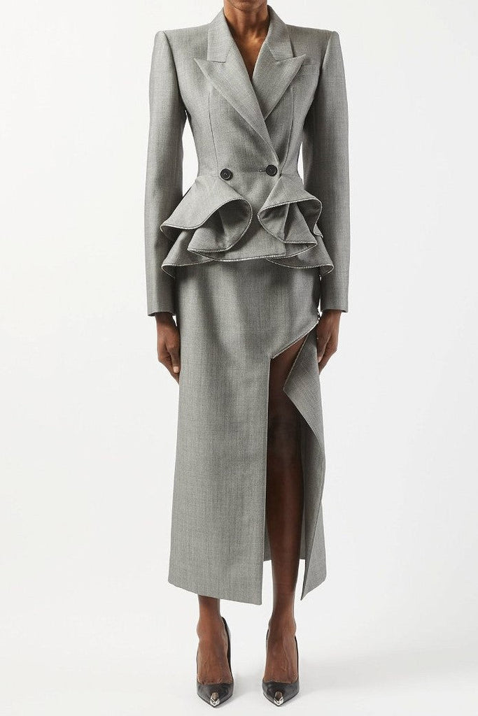 Pamely Peplum Ruffle Blazer - Grey - Stylish beautiful dress for special occasions | Buy Online