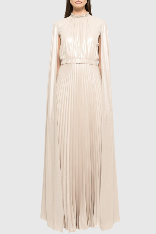 Piera Cape Sleeve Pleated Maxi Dress