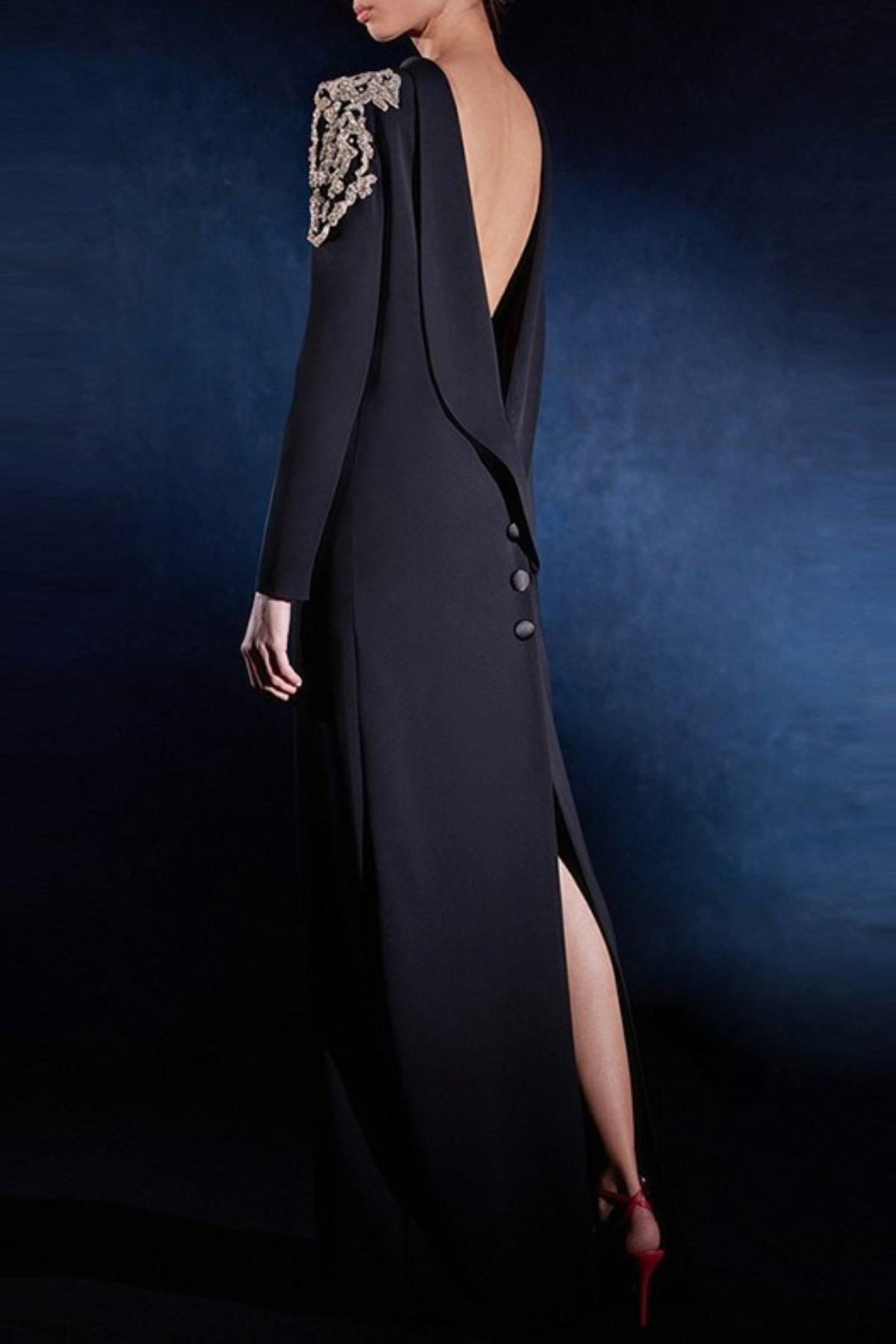 Pietro Crystal Embellished Backless Maxi Blazer Dress