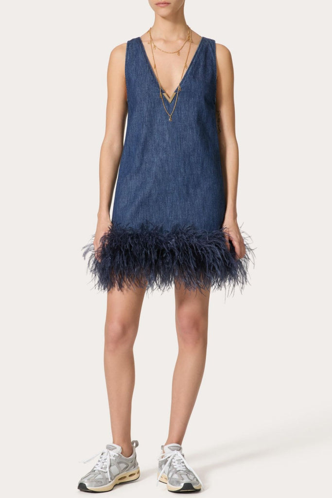 Poppa Feather Trim Denim Mini Dress - Stylish beautiful dress for special occasions | Buy Online