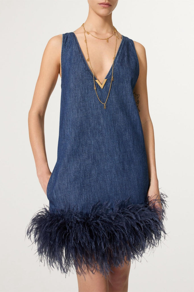 Shop  beautiful dress - Perfect for special occasions | Poppa Feather Trim Denim Mini Dress