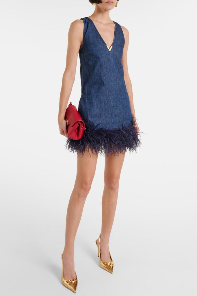 Stylish beautiful dress | Poppa Feather Trim Denim Mini Dress - Ideal for special occasions