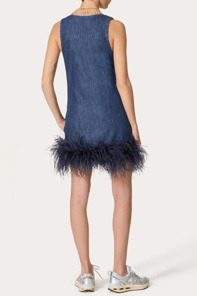 Poppa Feather Trim Denim Mini Dress - Stylish beautiful dress for special occasions | Buy Online