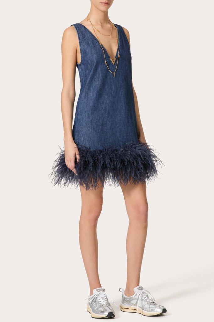 Shop  beautiful dress - Perfect for special occasions | Poppa Feather Trim Denim Mini Dress