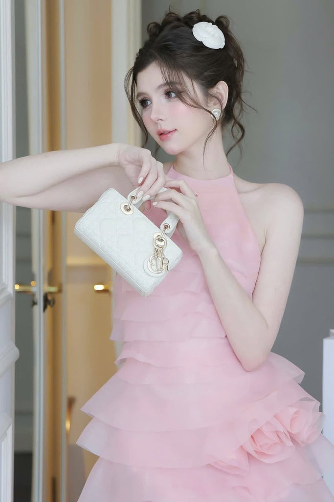 3d flower halter ruffle layer mini dress in pink - Stylish pink dress for special occasions | Buy Online