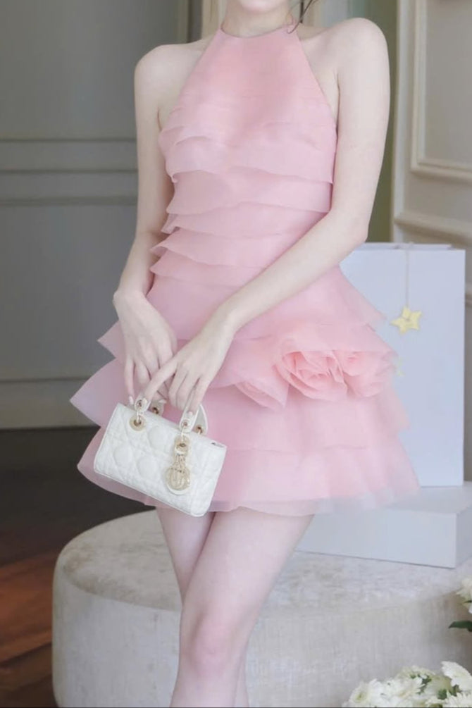3d flower halter ruffle layer mini dress in pink