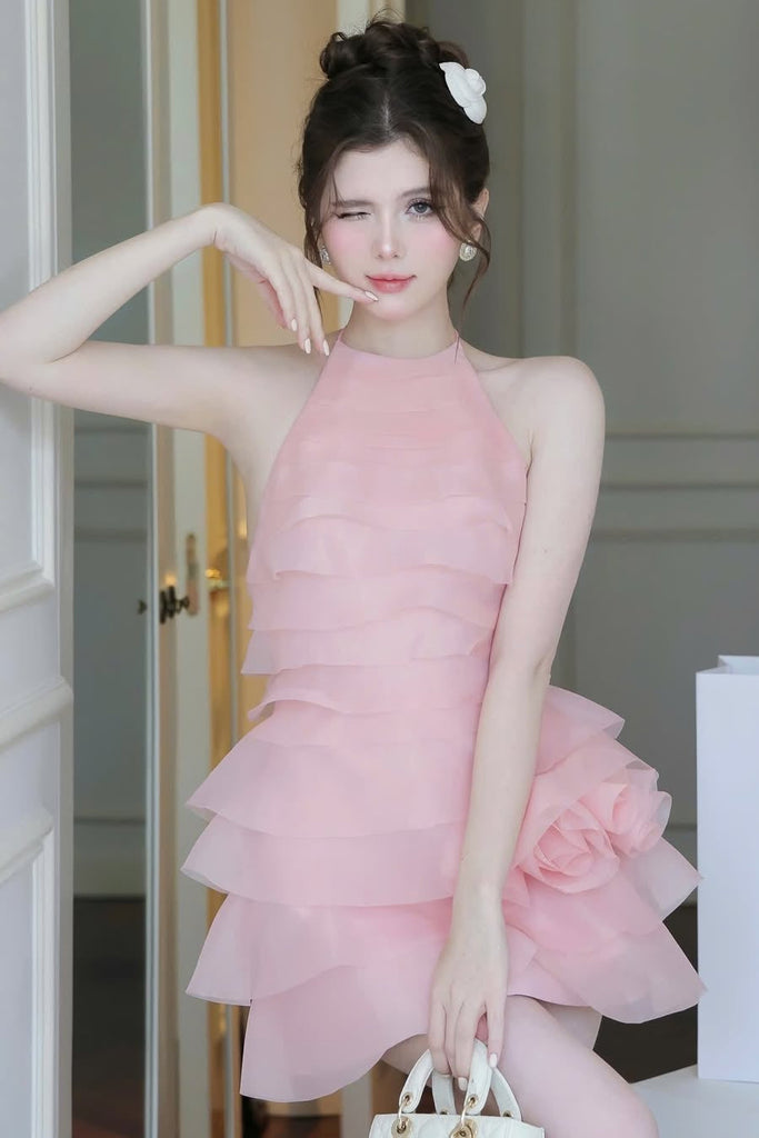 Stylish pink dress | 3d flower halter ruffle layer mini dress in pink - Ideal for special occasions