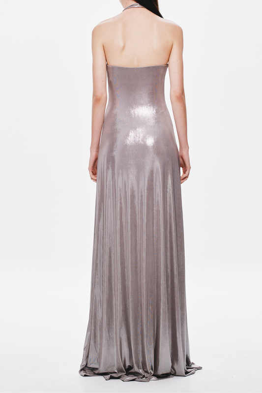 lauren halter deep v-neck pleated backless maxi dress in silver