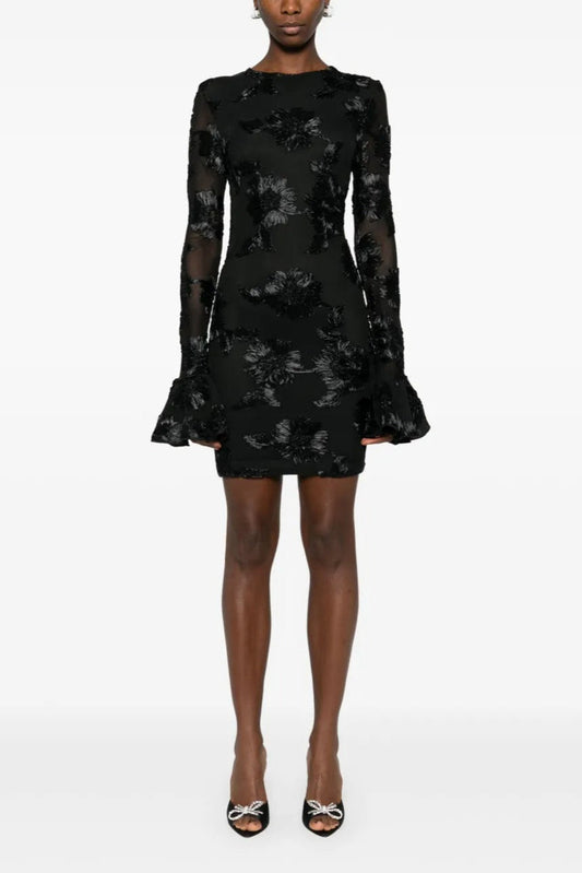 Floral-Embroidered Mesh Mini Dress In Black