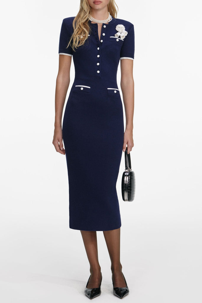 Shop  beautiful dress - Perfect for special occasions | Aubrey Navy Crochet Flower Knit Midi Dress