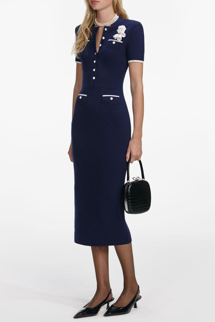 Stylish beautiful dress | Aubrey Navy Crochet Flower Knit Midi Dress - Ideal for special occasions