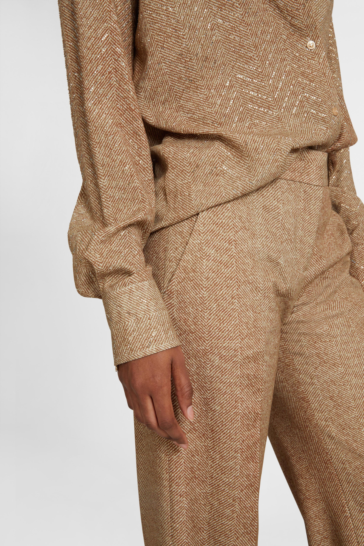 Raba Crystal Embellished Herringbone Pants - Brown