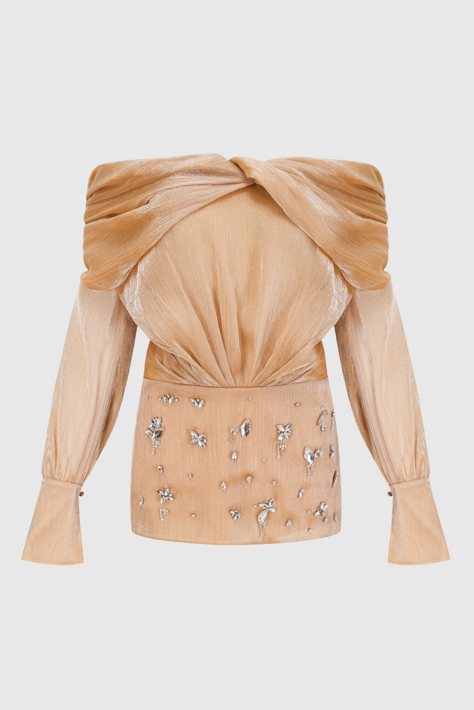 Rahar Gold Off Shoulder Rhinestone Embellished Mini Dress - Stylish beautiful dress for special occasions | Buy Online