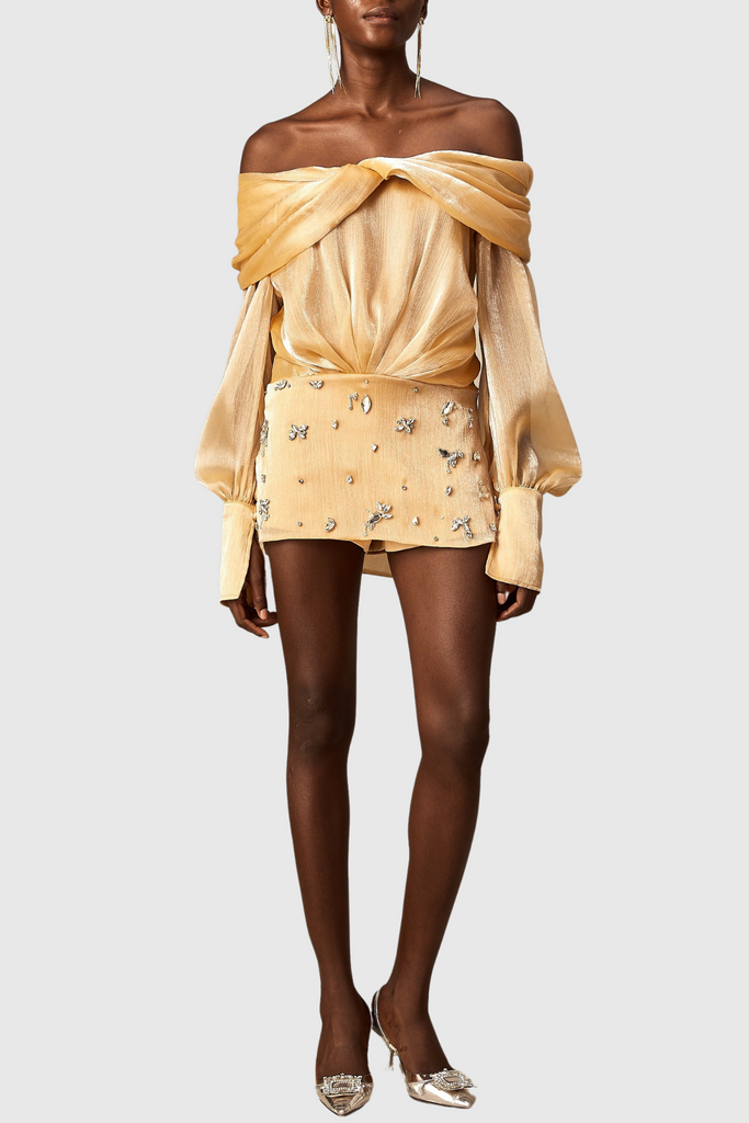 Shop  beautiful dress - Perfect for special occasions | Rahar Gold Off Shoulder Rhinestone Embellished Mini Dress