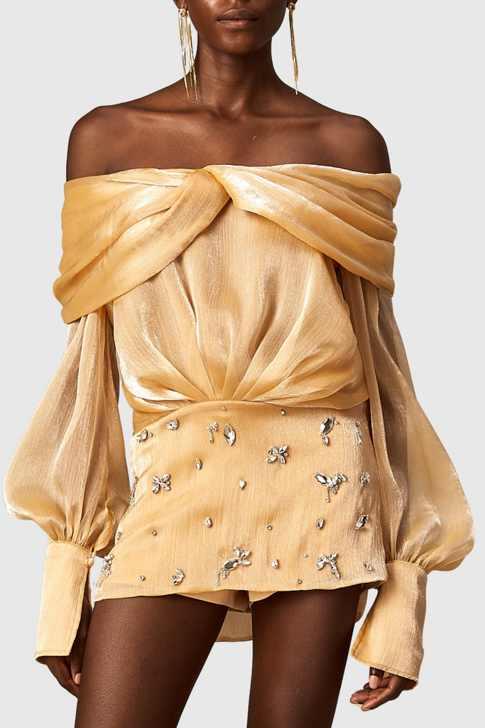 Rahar Gold Off Shoulder Rhinestone Embellished Mini Dress - Stylish beautiful dress for special occasions | Buy Online