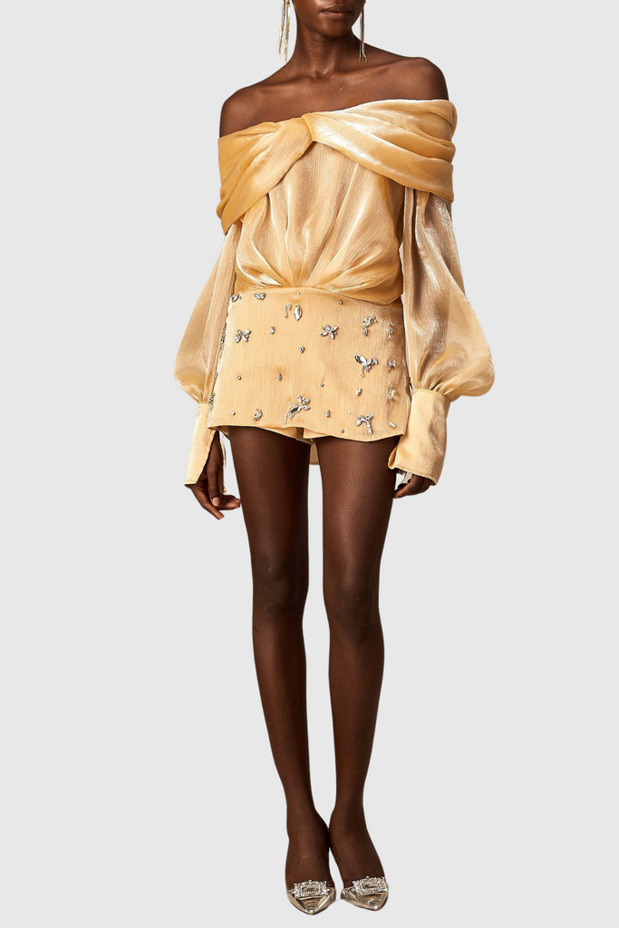 Shop  beautiful dress - Perfect for special occasions | Rahar Gold Off Shoulder Rhinestone Embellished Mini Dress