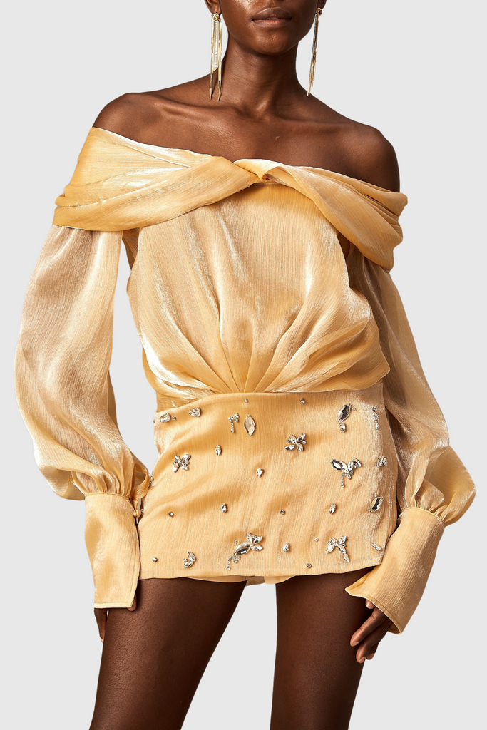 Shop  beautiful dress - Perfect for special occasions | Rahar Gold Off Shoulder Rhinestone Embellished Mini Dress