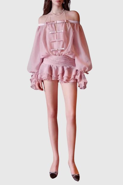 Raylene Off Shoulder Bow Ruffle Mini Dress - Pink