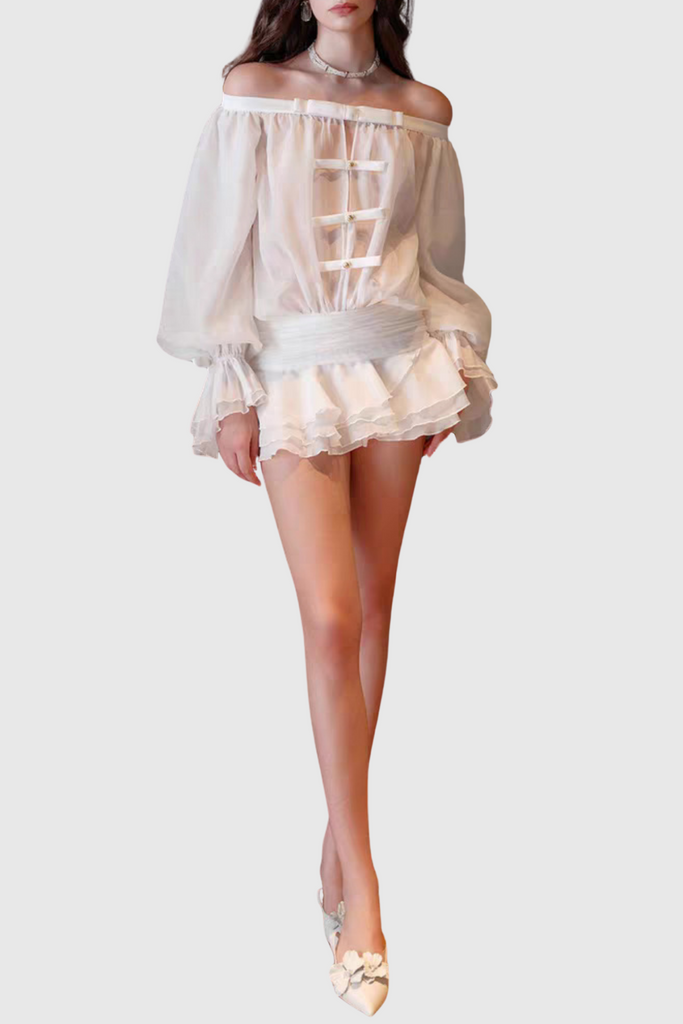 Raylene Off Shoulder Bow Ruffle Mini Dress - White - Stylish white dress for special occasions | Buy Online