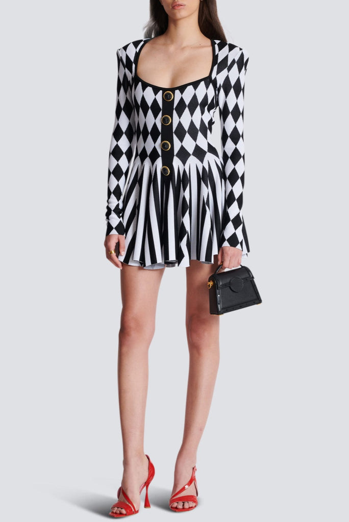 Abiga Diamond Jacquard Flared Knit Mini Dress - Stylish red dress for special occasions | Buy Online