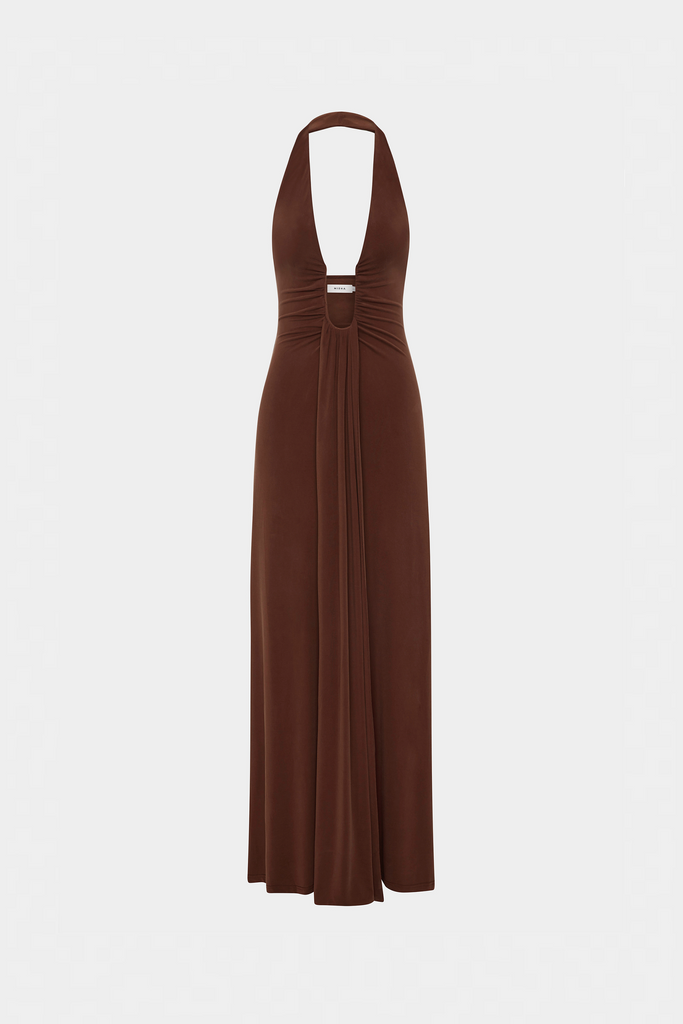 Shop  brown dress - Perfect for special occasions | lauren halter deep v-neck pleated backless maxi dress in brown