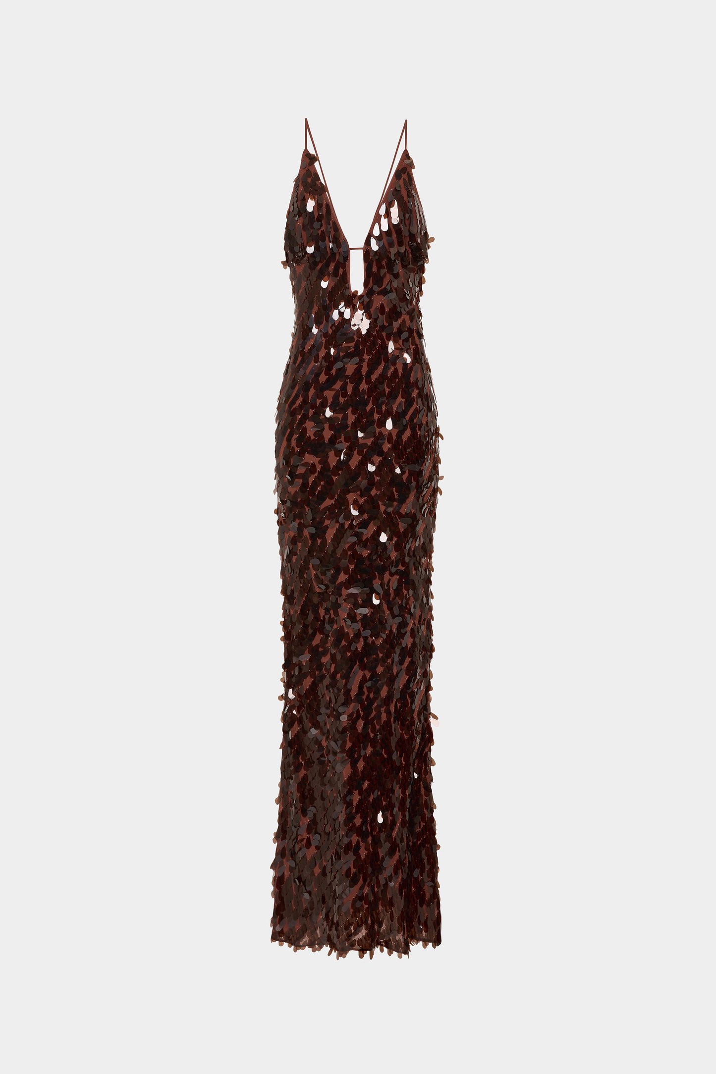 katherine halter deep v-neck sequin backless maxi dress in dark brown