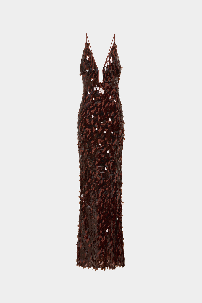 Stylish brown dress | katherine halter deep v-neck sequin backless maxi dress in dark brown - Ideal for special occasions