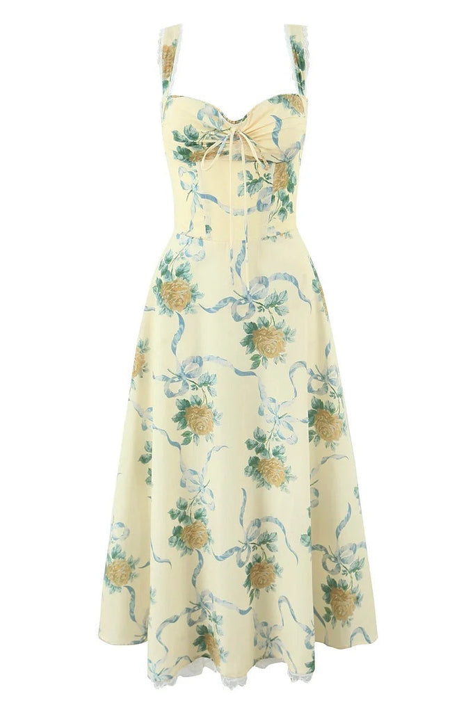 Stylish yellow dress | daphne Floral Print Sweetheart Midi Dress in yellow - Ideal for special occasions