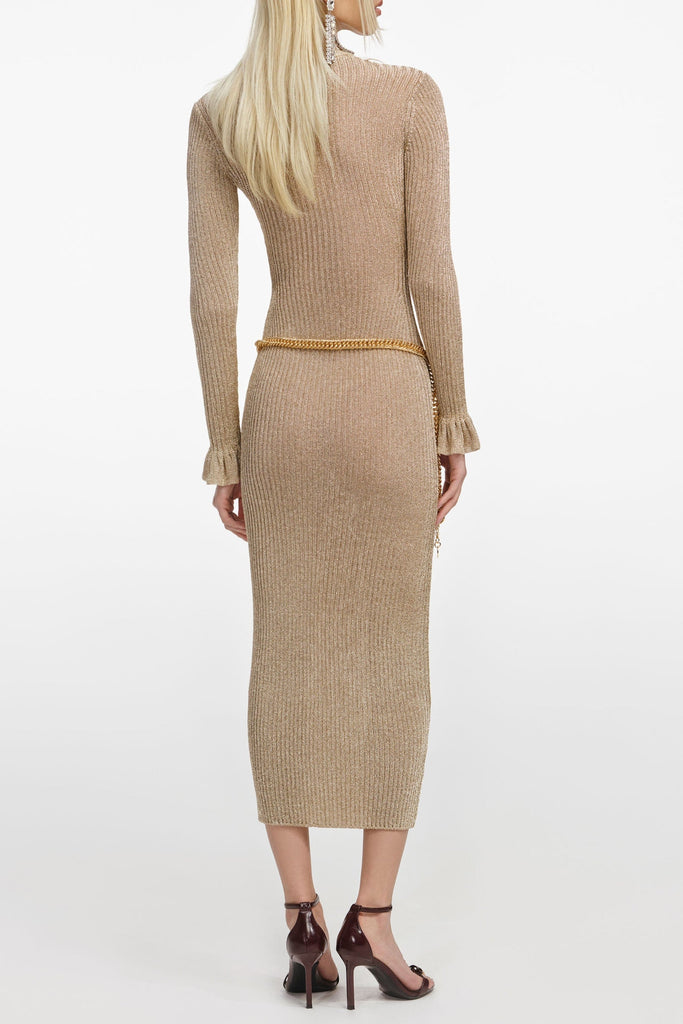 lauren Gold Lurex Ribbed Knit Midi Dress - Stylish beautiful dress for special occasions | Buy Online