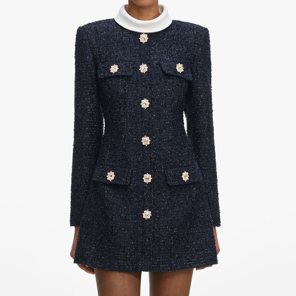 Gabriella Navy Boucle Long Sleeve Mini Dress - Stylish beautiful dress for special occasions | Buy Online