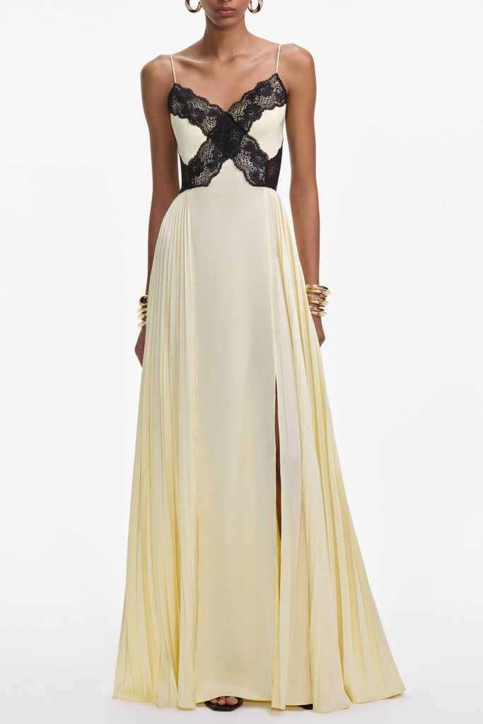 josephine Yellow Satin Lace Maxi Dress - Stylish yellow dress for special occasions | Buy Online