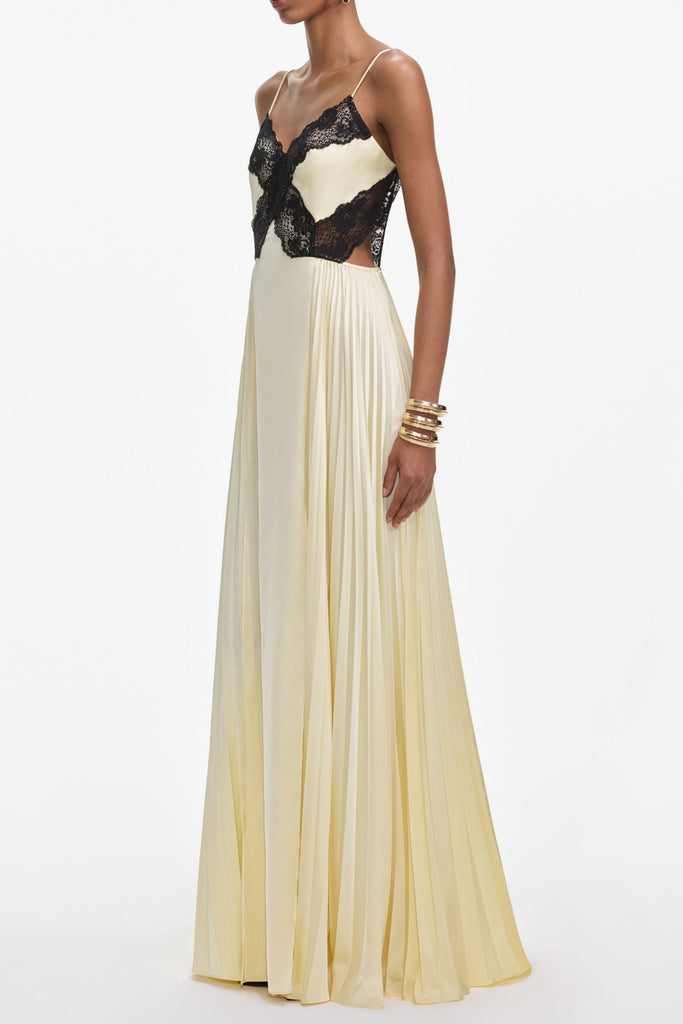 josephine Yellow Satin Lace Maxi Dress - Stylish yellow dress for special occasions | Buy Online