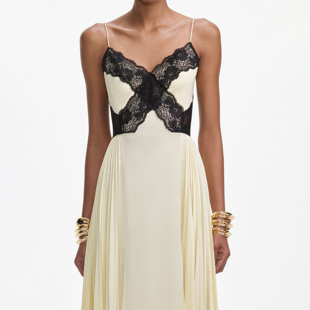 josephine Yellow Satin Lace Maxi Dress - Stylish yellow dress for special occasions | Buy Online