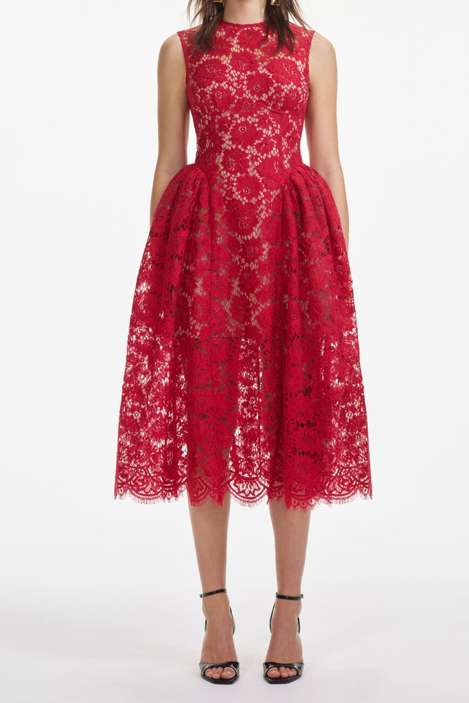 Shop  red dress - Perfect for special occasions | brenda Lace hollow Midi Dress in red