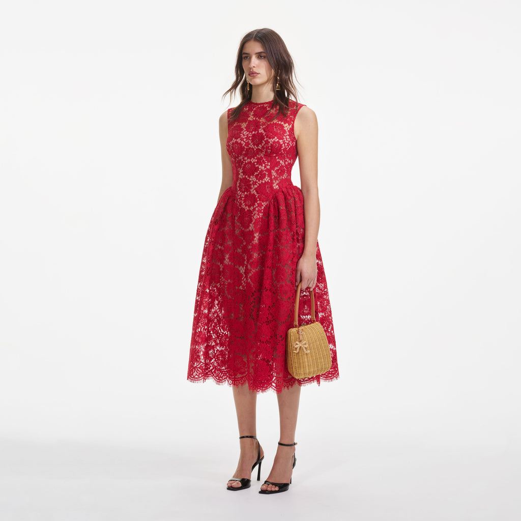 brenda Lace hollow Midi Dress in red - Stylish red dress for special occasions | Buy Online