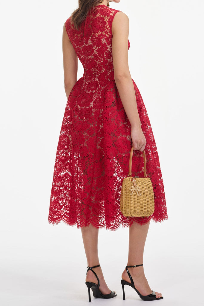 brenda Lace hollow Midi Dress in red - Stylish red dress for special occasions | Buy Online
