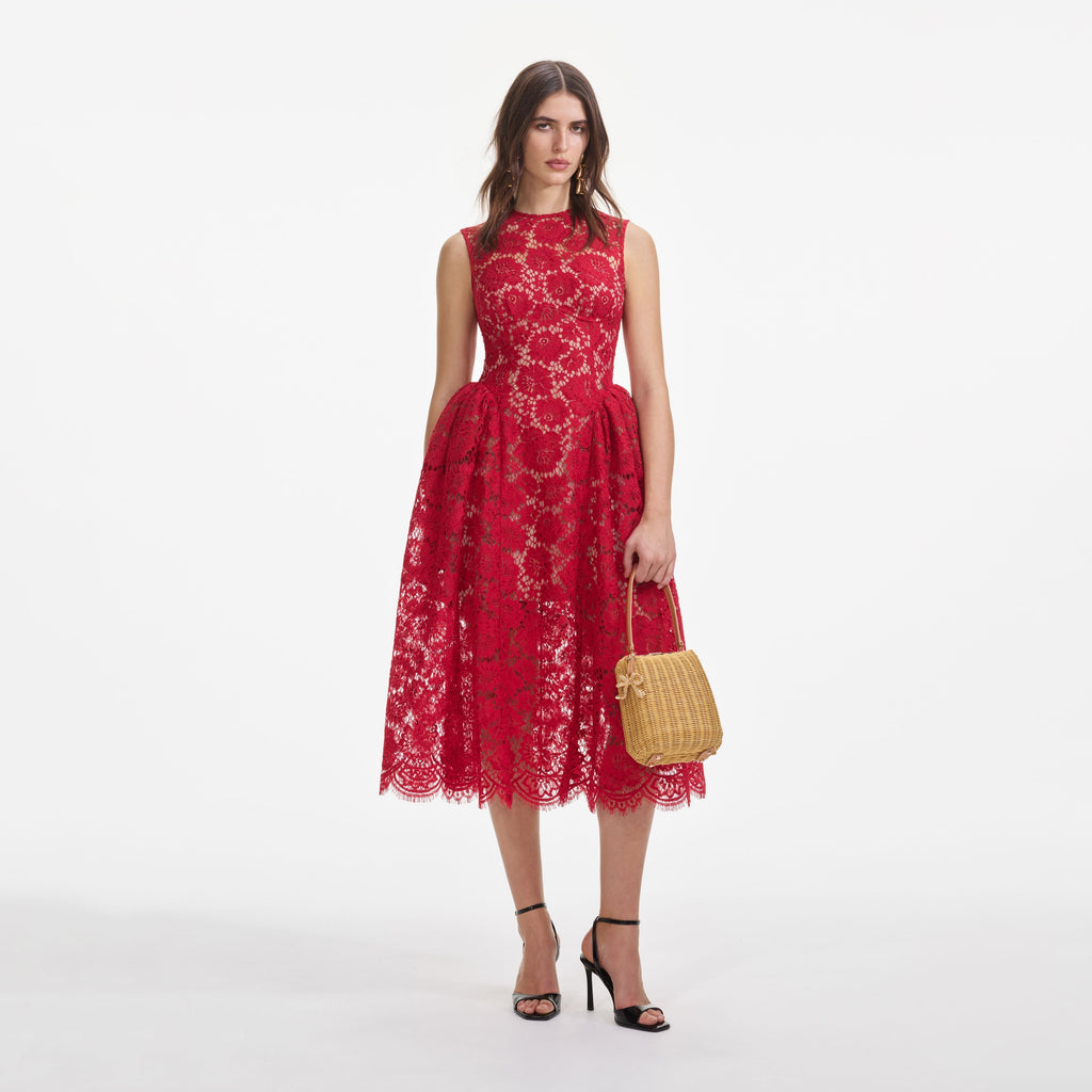 brenda Lace hollow Midi Dress in red - Stylish red dress for special occasions | Buy Online